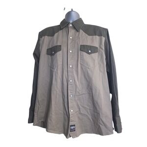Real Ranch Workwear Mens XL Western Pearl Snap Shirt Two Tone Tan Olive Green